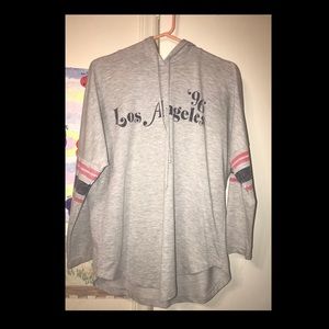 Gray hoodie with blue and red stripes